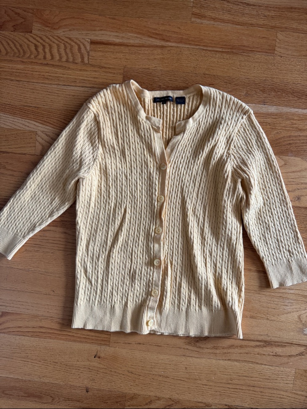 JEANNE PIERRE 100% Cotton Pale Yellow Cable Knit Button-Front Cardigan